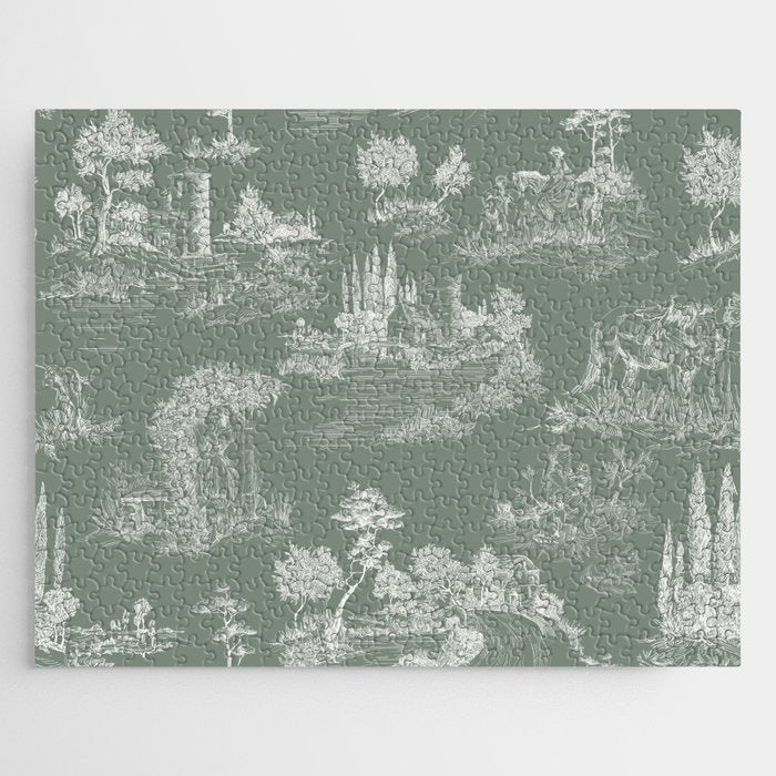 Toile de Jouy Vintage French Pastoral Sage Green & White Jigsaw Puzzle Gallery Image 1
