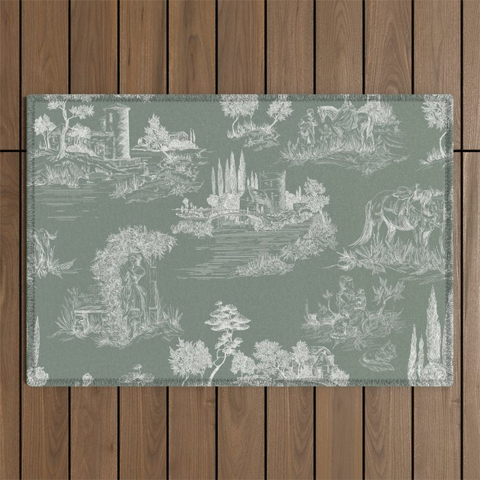 Toile de Jouy Vintage French Pastoral Sage Green & White Outdoor Rug Gallery Image 1