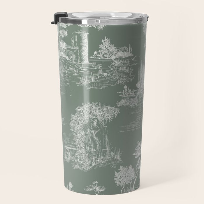 Toile de Jouy Vintage French Pastoral Sage Green & White Travel Mug Gallery Image 3