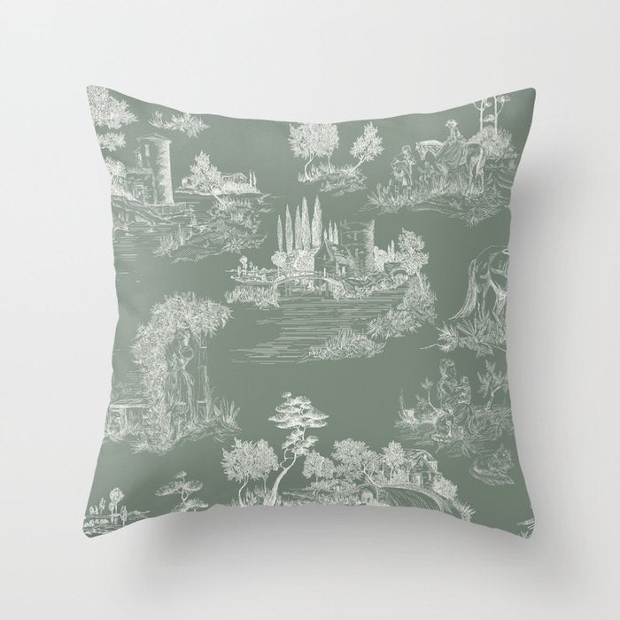 Toile de Jouy Vintage French Pastoral Sage Green & White Throw Pillow Gallery Image 1
