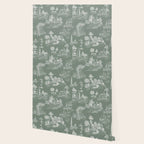 Toile de Jouy Vintage French Pastoral Sage Green & White Wallpaper Gallery Image 2