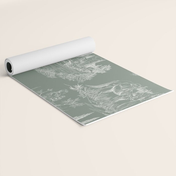 Toile de Jouy Vintage French Pastoral Sage Green & White Yoga Mat Gallery Image 2