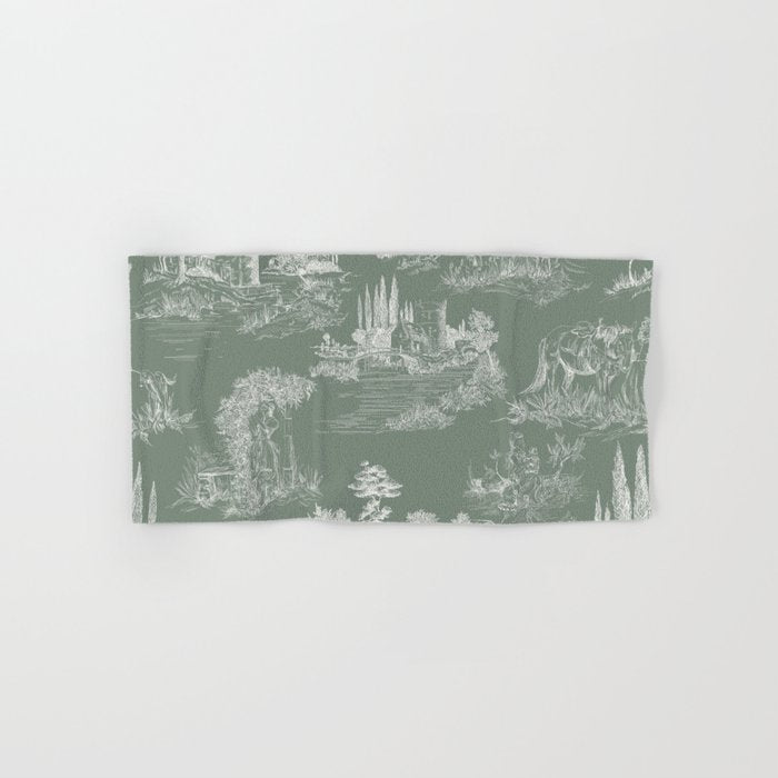 Toile de Jouy Vintage French Pastoral Sage Green & White Towels Gallery Image 1