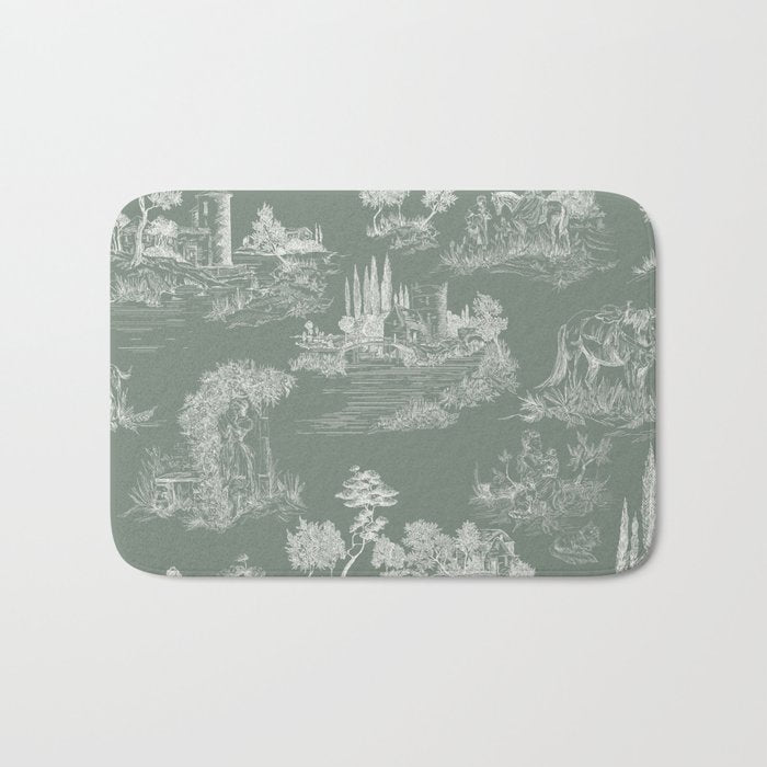 Toile de Jouy Vintage French Pastoral Sage Green & White Bath Mat Gallery Image 1