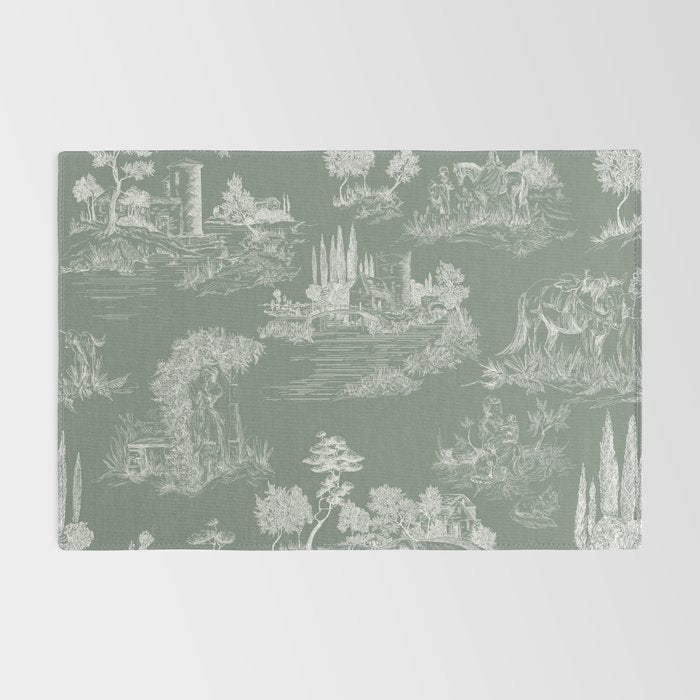 Toile de Jouy Vintage French Pastoral Sage Green & White Rug Gallery Image 2