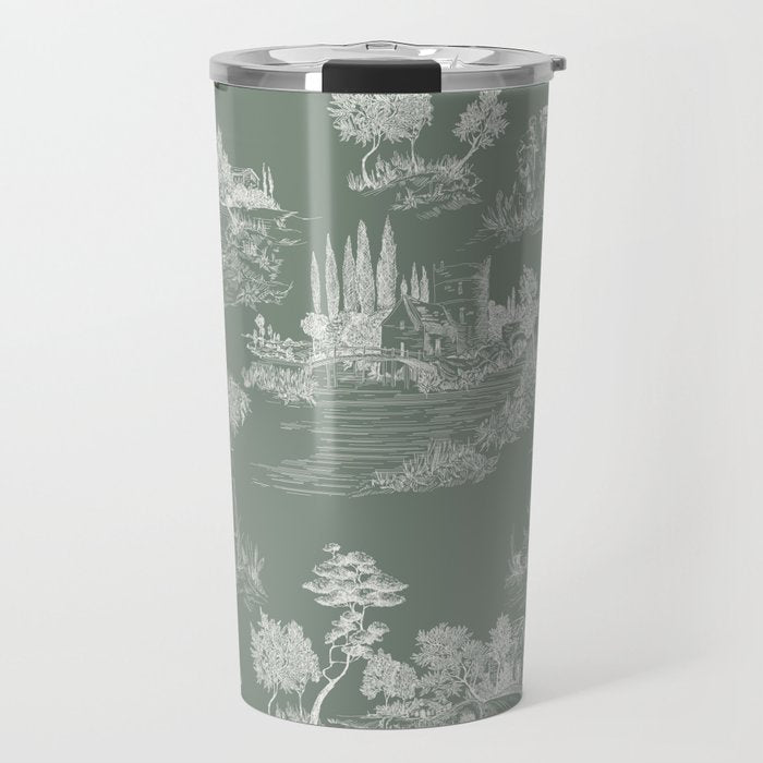 Toile de Jouy Vintage French Pastoral Sage Green & White Travel Mug Gallery Image 1