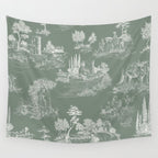 Toile de Jouy Vintage French Pastoral Sage Green & White Wall Tapestry Gallery Image 4