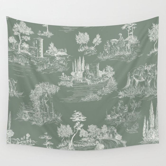 Toile de Jouy Vintage French Pastoral Sage Green & White Wall Tapestry Gallery Image 4