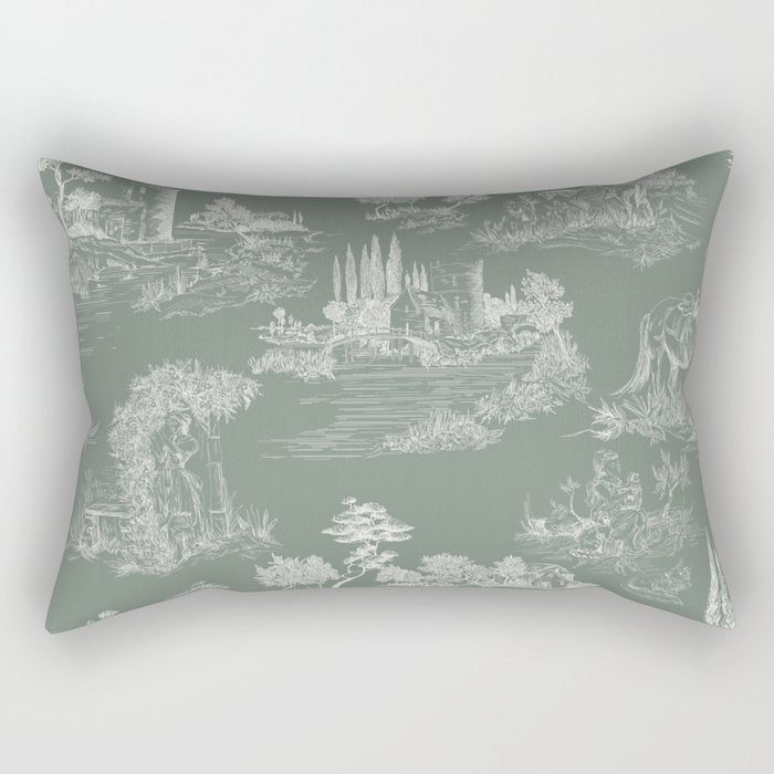 Toile de Jouy Vintage French Pastoral Sage Green & White Rectangular Pillow Gallery Image 1
