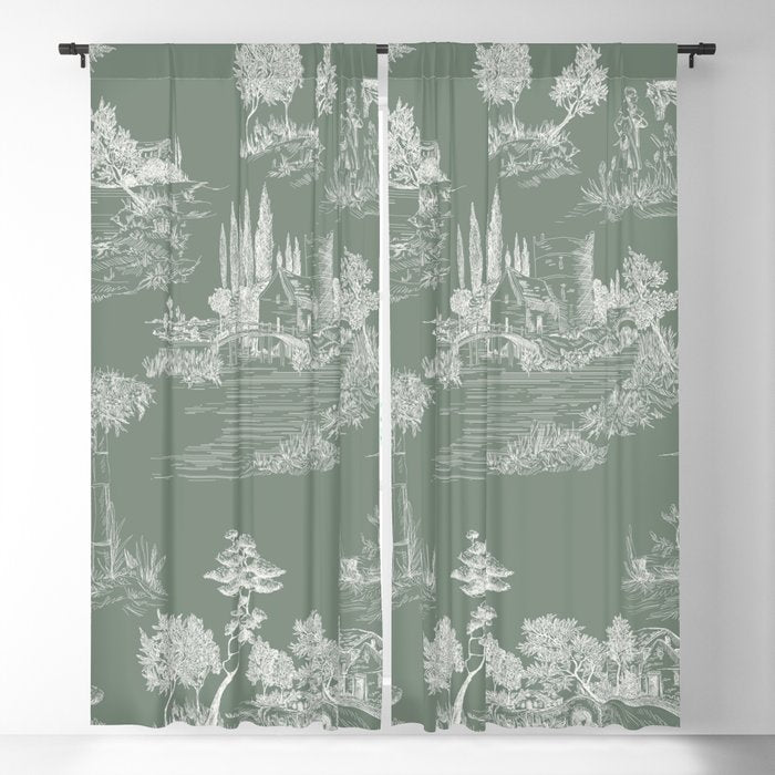 Toile de Jouy Vintage French Pastoral Sage Green & White Window Curtain Gallery Image 5