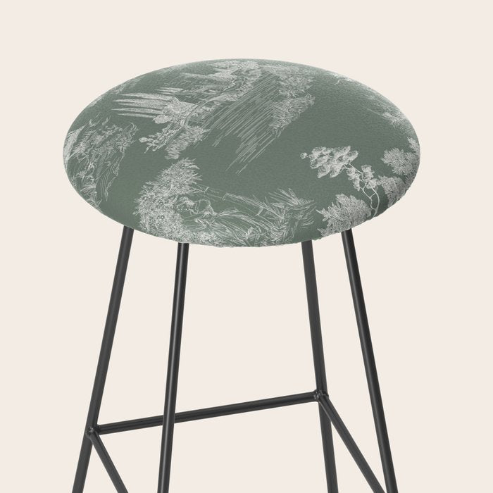 Toile de Jouy Vintage French Pastoral Sage Green & White Stool Gallery Image 2