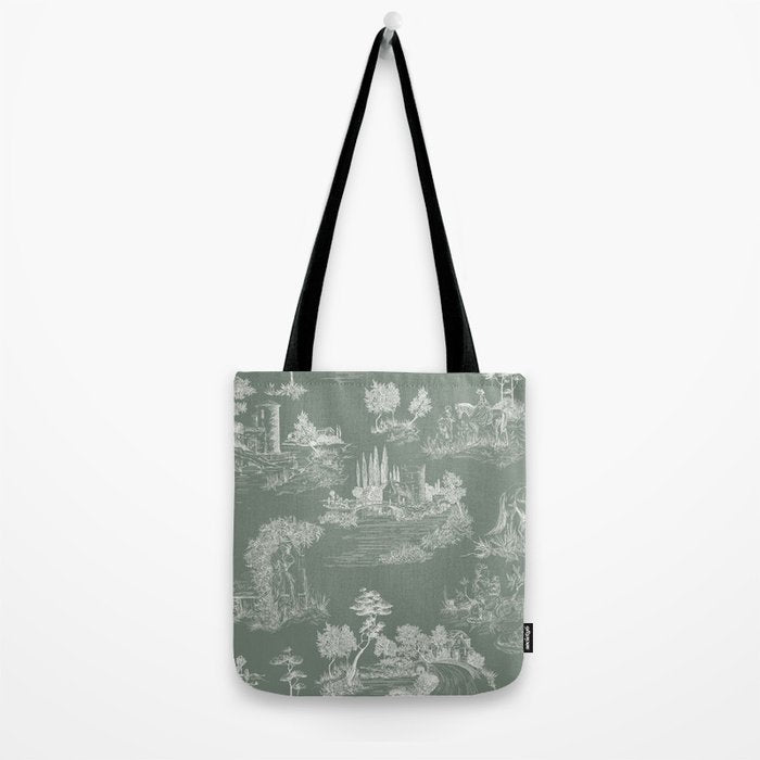 Toile de Jouy Vintage French Pastoral Sage Green & White Tote Bag Gallery Image 2