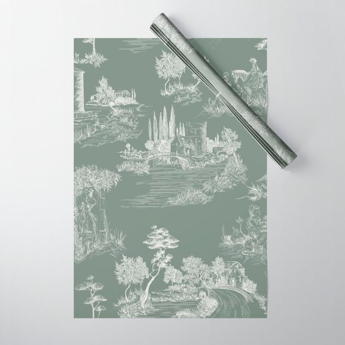 Toile de Jouy Vintage French Pastoral Sage Green & White Wrapping Paper Gallery Image 1