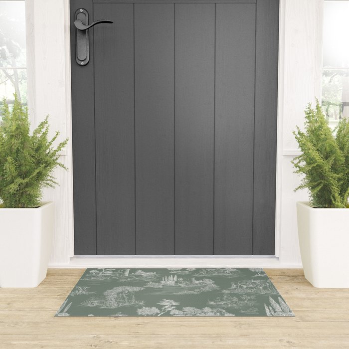 Toile de Jouy Vintage French Pastoral Sage Green & White Welcome Mat Gallery Image 3