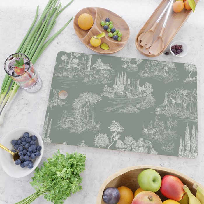 Toile de Jouy Vintage French Pastoral Sage Green & White Cutting Board Gallery Image 2