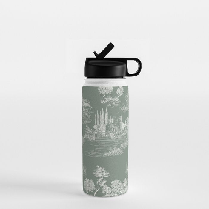 Toile de Jouy Vintage French Pastoral Sage Green & White Water Bottle Gallery Image 1