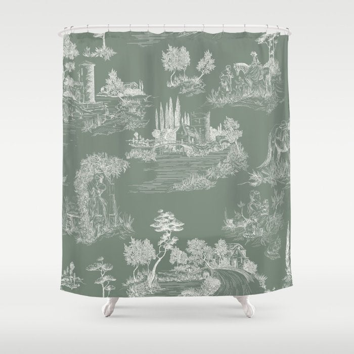 Toile de Jouy Vintage French Pastoral Sage Green & White Shower Curtain Gallery Image 1