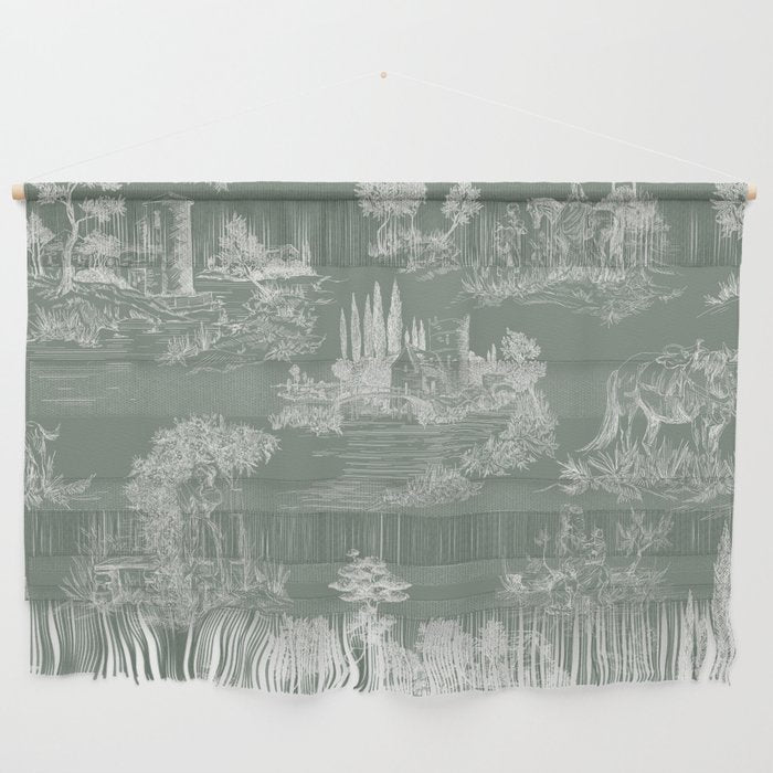 Toile de Jouy Vintage French Pastoral Sage Green & White Wall Hanging Gallery Image 1