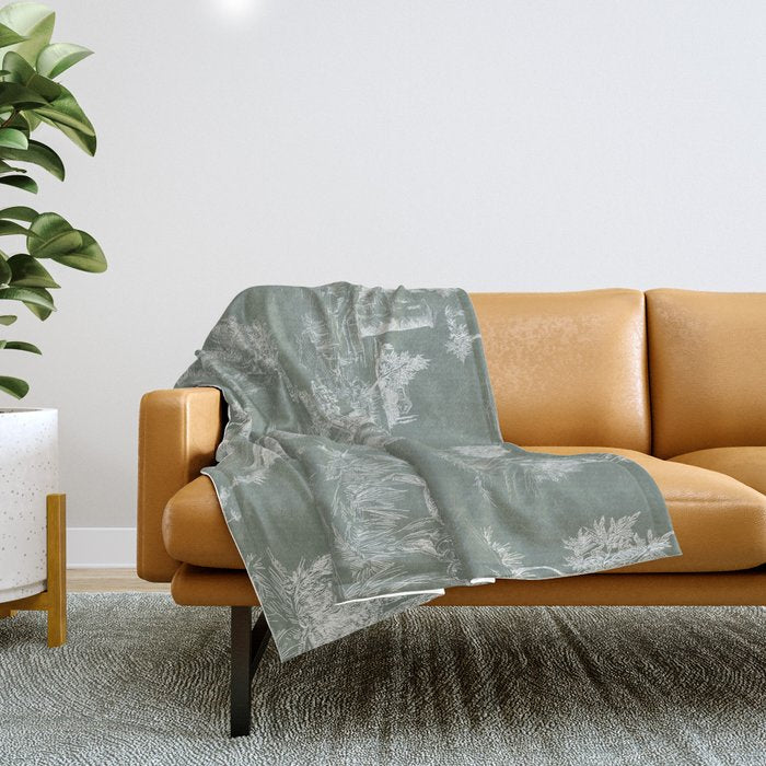 Toile de Jouy Vintage French Pastoral Sage Green & White Throw Blanket Gallery Image 1