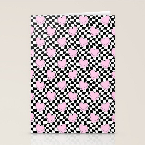 Pink love heart candy checkered pattern Stationery Card Gallery Image 1