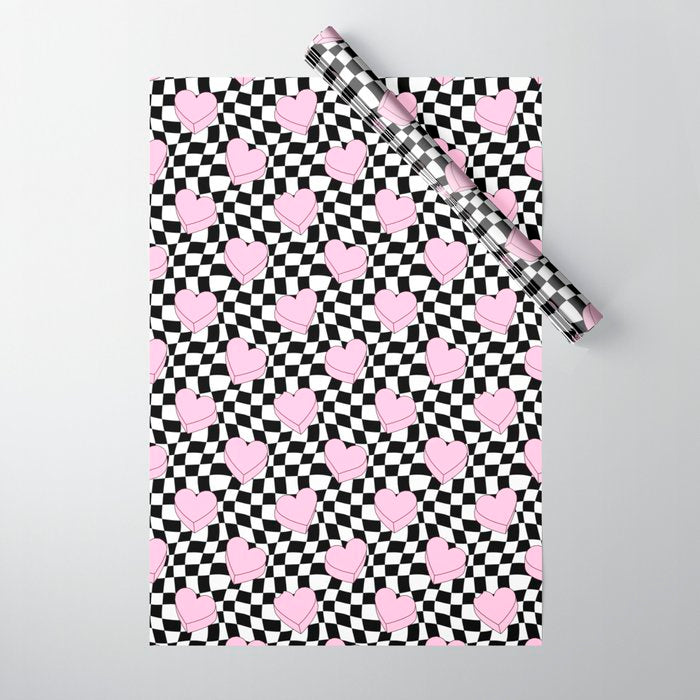 Pink love heart candy checkered pattern Wrapping Paper Gallery Image 1