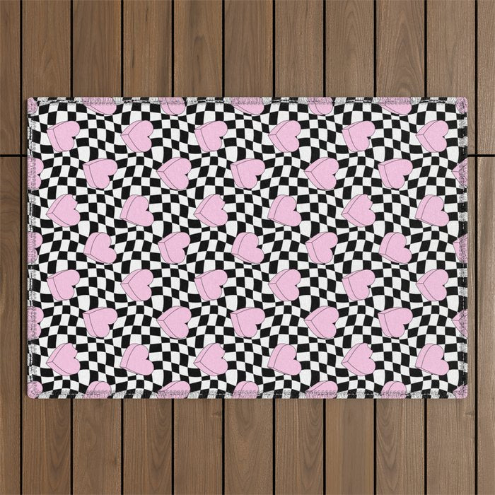 Pink love heart candy checkered pattern Outdoor Rug Gallery Image 1
