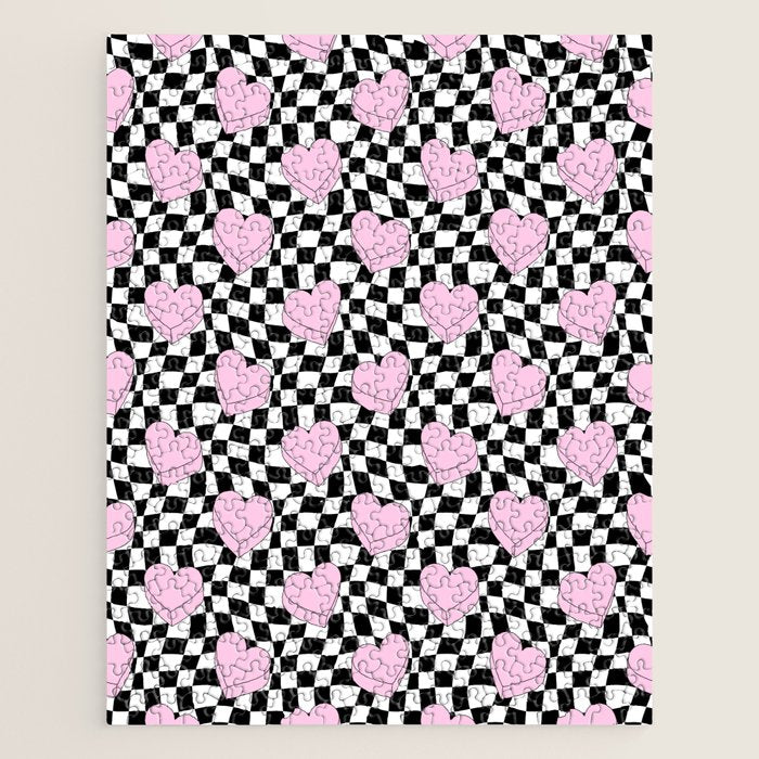 Pink love heart candy checkered pattern Jigsaw Puzzle Gallery Image 1