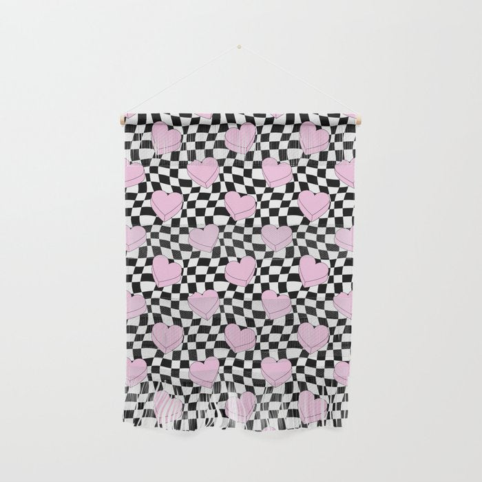 Pink love heart candy checkered pattern Wall Hanging Gallery Image 1