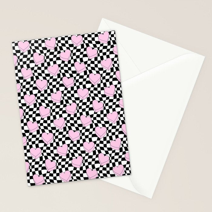 Pink love heart candy checkered pattern Stationery Card Gallery Image 2