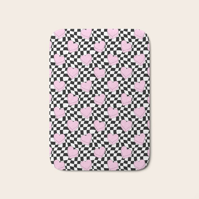 Pink love heart candy checkered pattern Bath Mat Gallery Image 1