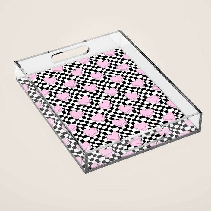 Pink love heart candy checkered pattern Acrylic Tray Gallery Image 1