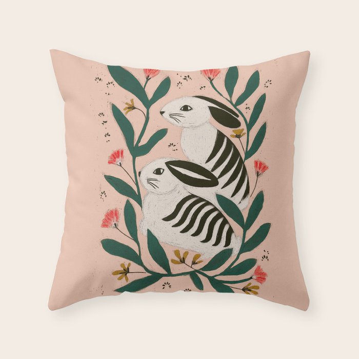 Hares Among Flowers Throw Pillow Gallery Image 1