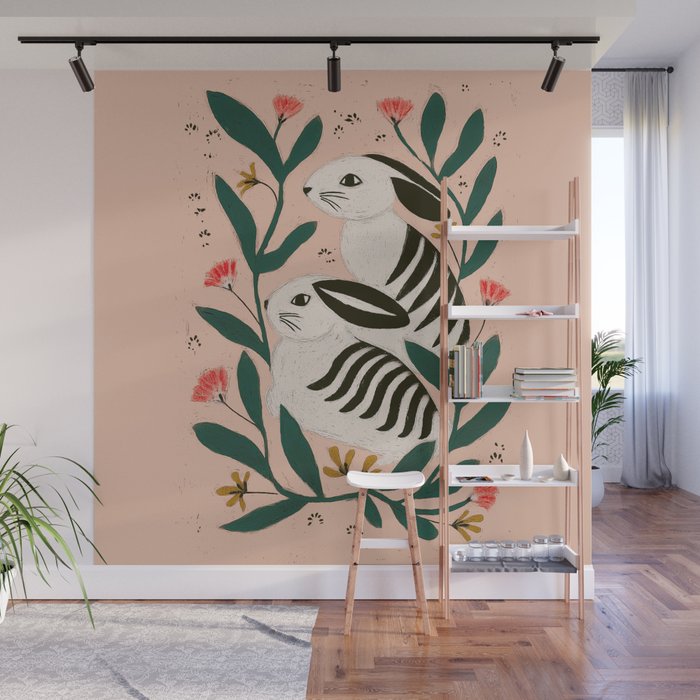 Hares Among Flowers Wall Mural Gallery Image 1