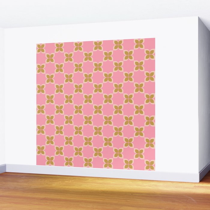 Retro flower check pink green Wall Mural Gallery Image 2