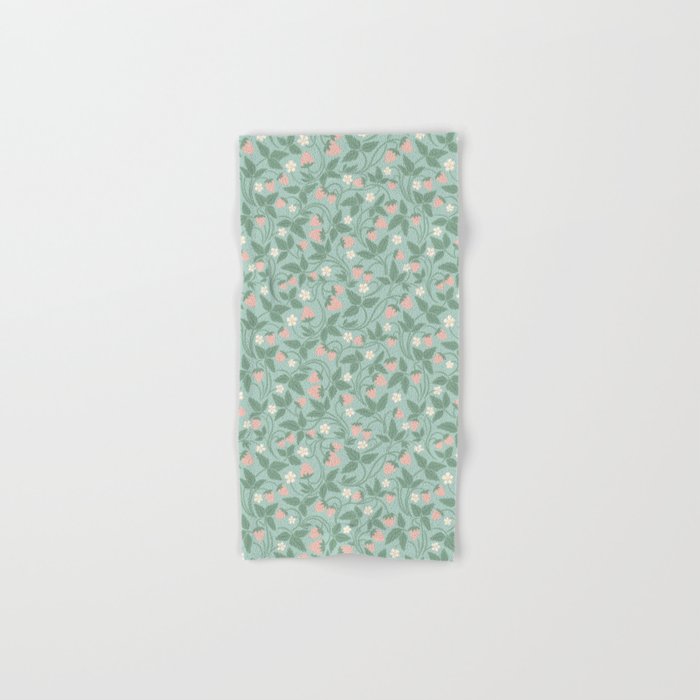 Strawberries - dusty pink and green on sky blue Bath Towel Gallery Image 1