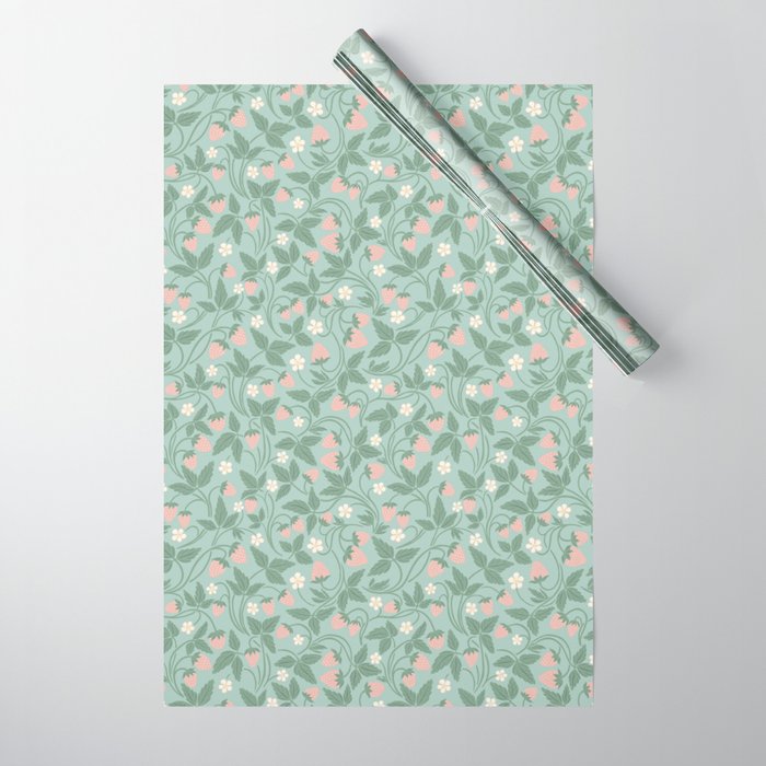 Strawberries - dusty pink and green on sky blue Wrapping Paper Gallery Image 1