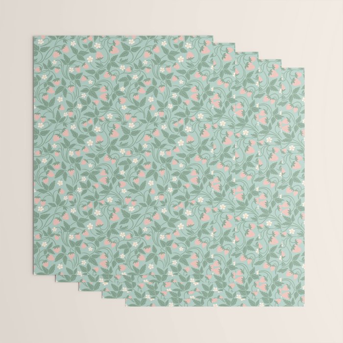 Strawberries - dusty pink and green on sky blue Wrapping Paper Gallery Image 3