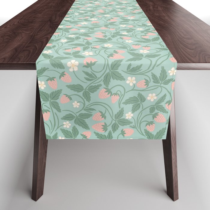 Strawberries - dusty pink and green on sky blue Table Runner Gallery Image 1