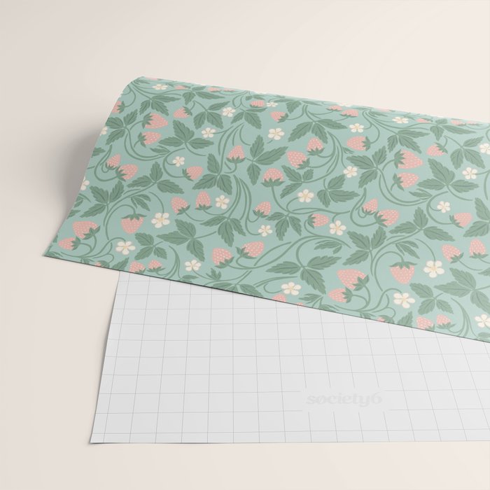 Strawberries - dusty pink and green on sky blue Wrapping Paper Gallery Image 2