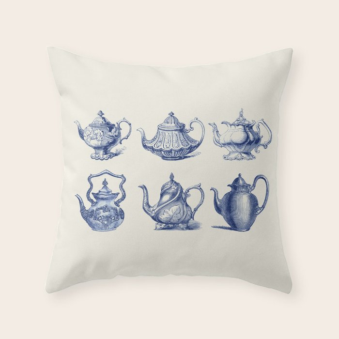 Blue Tea Pots Throw Pillow Gallery Image 1