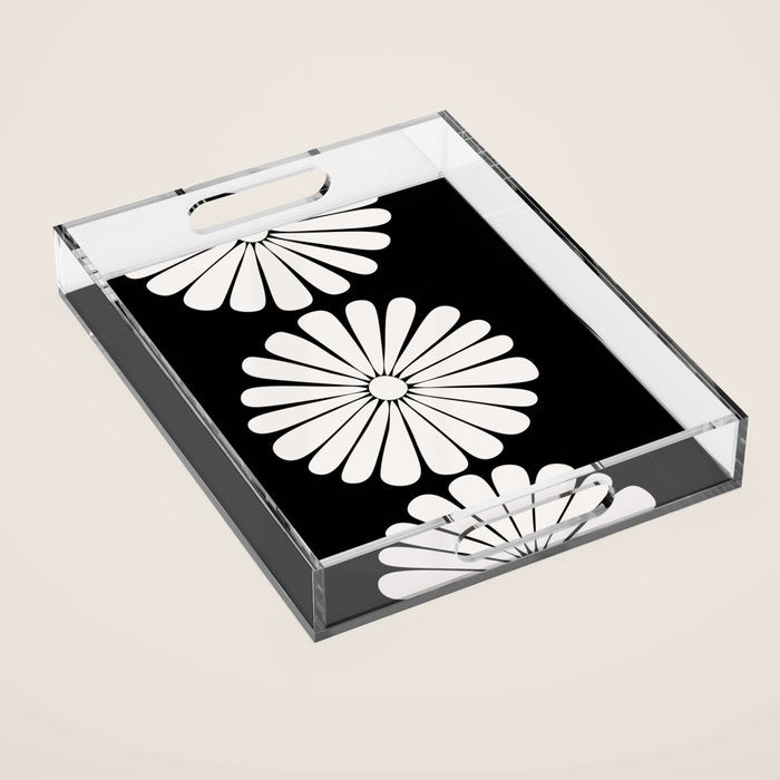 Retro Daisy Abstract II Black and White Bold Floral Acrylic Tray Gallery Image 1