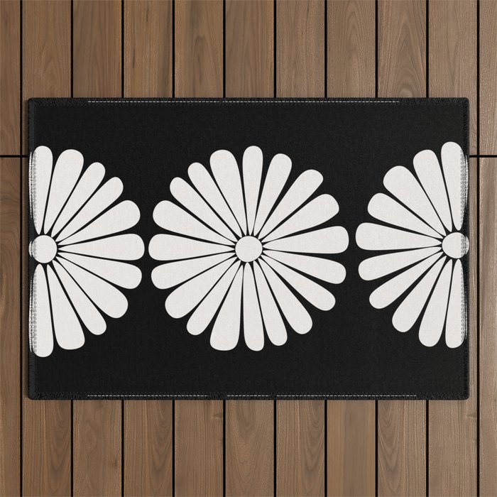 Retro Daisy Abstract II Black and White Bold Floral Outdoor Rug Gallery Image 1