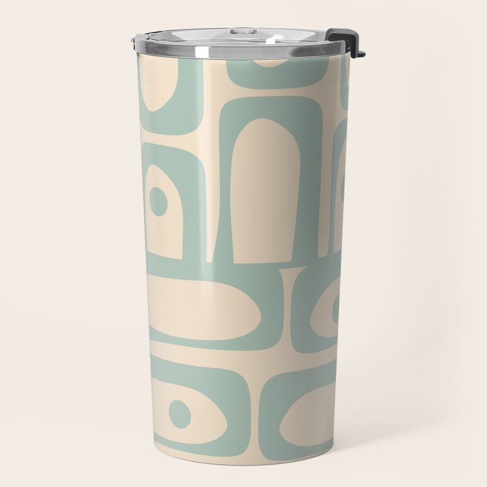 Mid Century Modern Piquet Multi Geometric Pattern Light Celadon Blue and Cream Travel Mug Gallery Image 2
