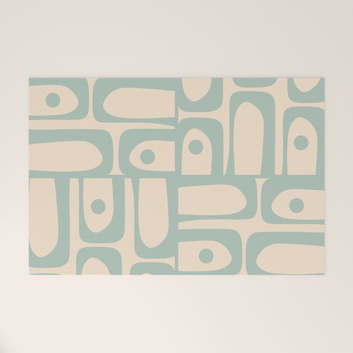 Mid Century Modern Piquet Multi Geometric Pattern Light Celadon Blue and Cream Welcome Mat Gallery Image 1