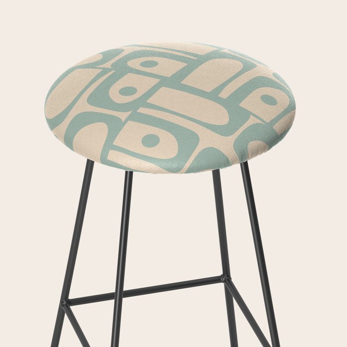 Mid Century Modern Piquet Multi Geometric Pattern Light Celadon Blue and Cream Stool Gallery Image 2