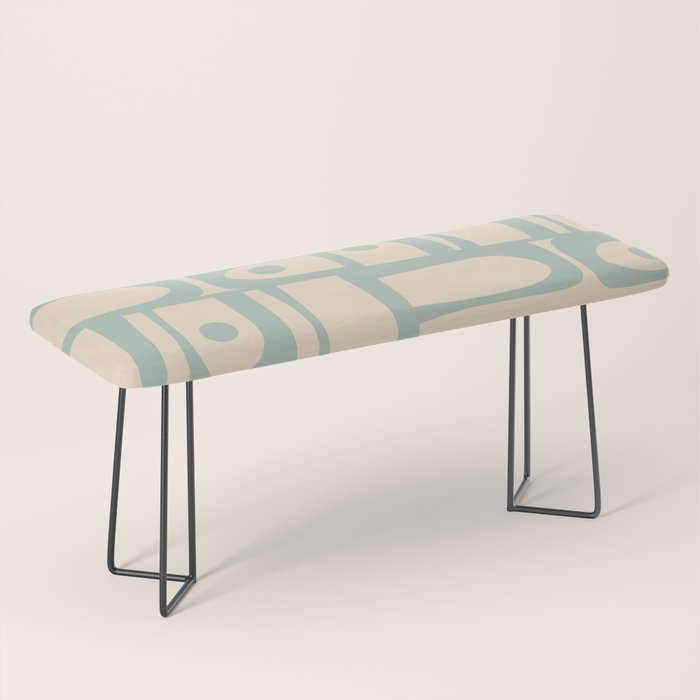 Mid Century Modern Piquet Multi Geometric Pattern Light Celadon Blue and Cream Bench Gallery Image 1