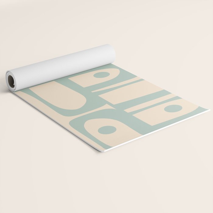 Mid Century Modern Piquet Multi Geometric Pattern Light Celadon Blue and Cream Yoga Mat Gallery Image 2