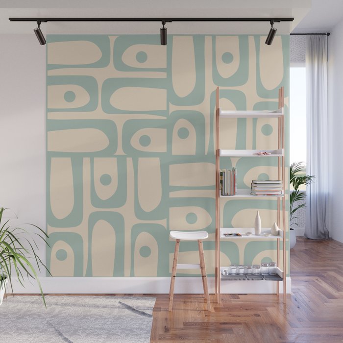 Mid Century Modern Piquet Multi Geometric Pattern Light Celadon Blue and Cream Wall Mural Gallery Image 1