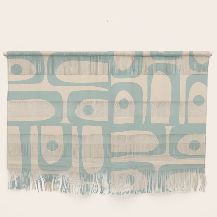 Mid Century Modern Piquet Multi Geometric Pattern Light Celadon Blue and Cream Wall Hanging Gallery Image 1