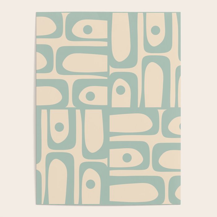 Mid Century Modern Piquet Multi Geometric Pattern Light Celadon Blue and Cream Poster Gallery Image 1